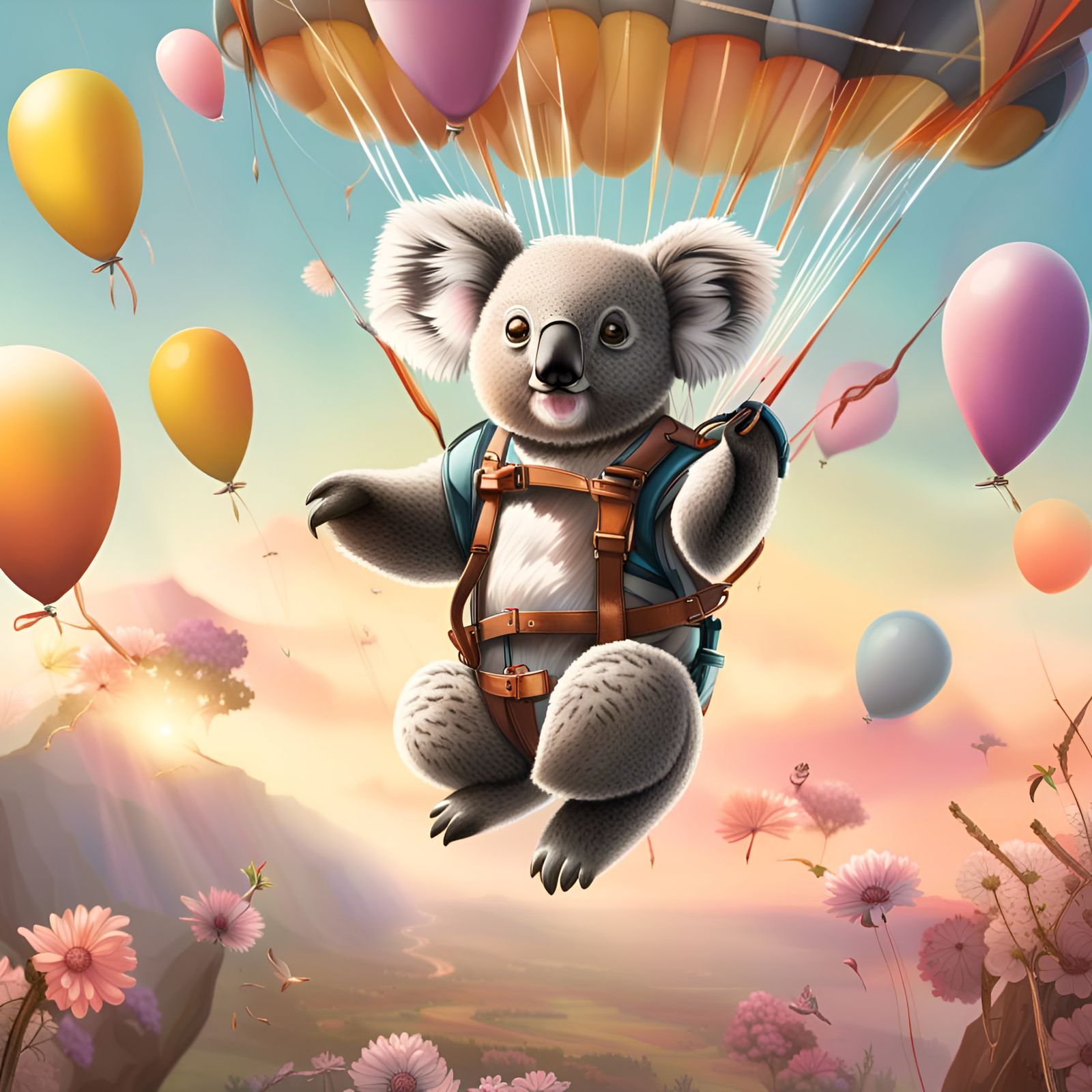 A Koala on a parachute, making an air-borne landing.  by @Menno