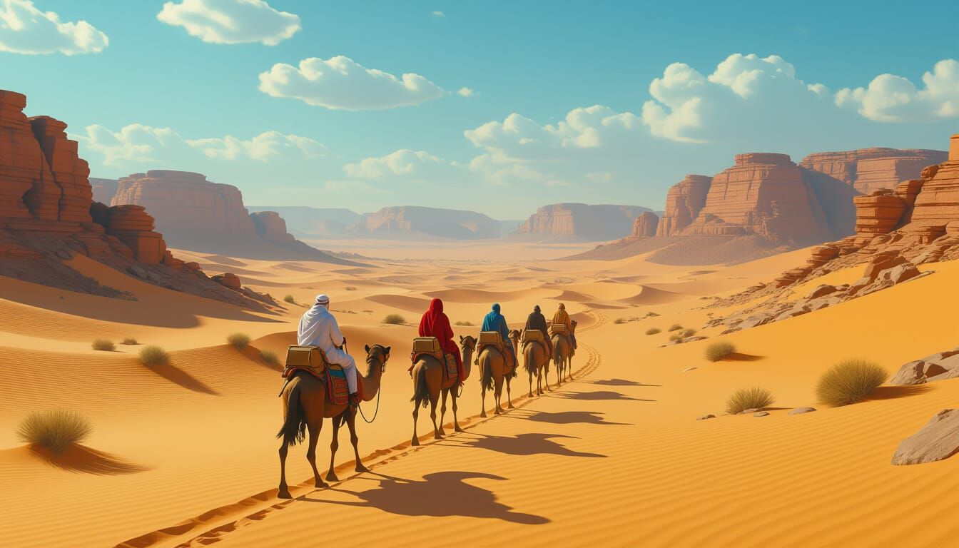 Sahara desert A row of merchants mounted on camels follow a path bordered by small hills, the sensation is calm, the sandy atmosphere bathes...