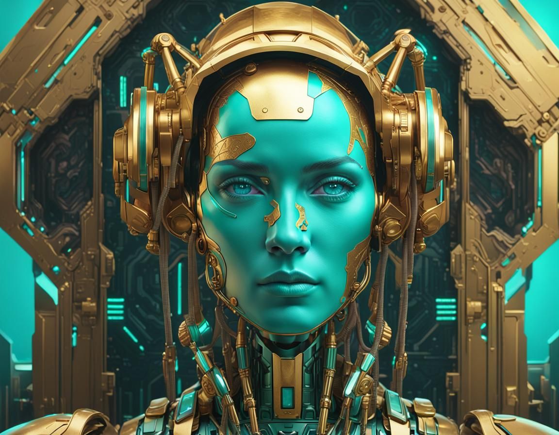 Retro Sci-Fi Robot Portrait in Turquoise and Gold