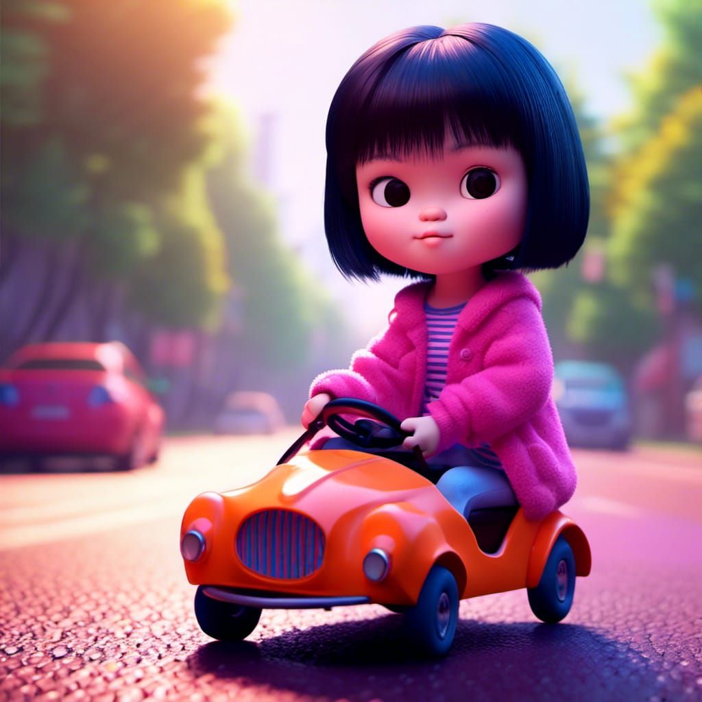 An adorable girl driving miniature car <lora:Kawaii animal:1...