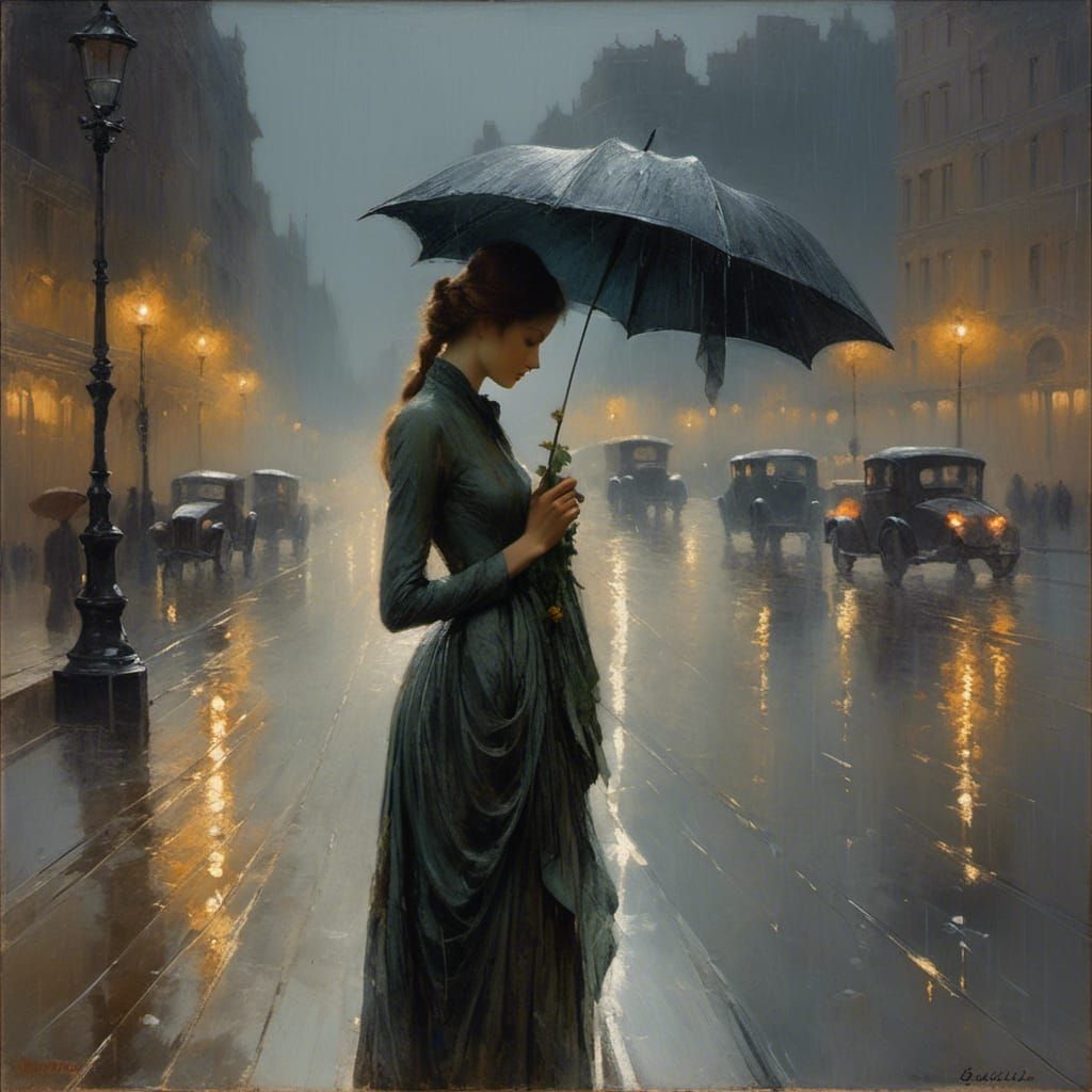 A solitary figure standing in the rain