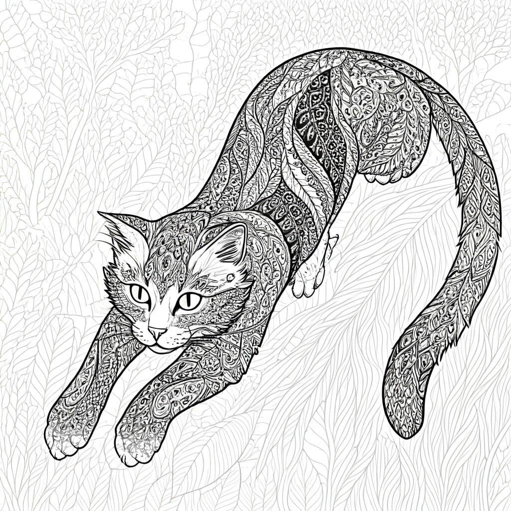 Whimsical Cat in Playful Motion with Floral Mandalas