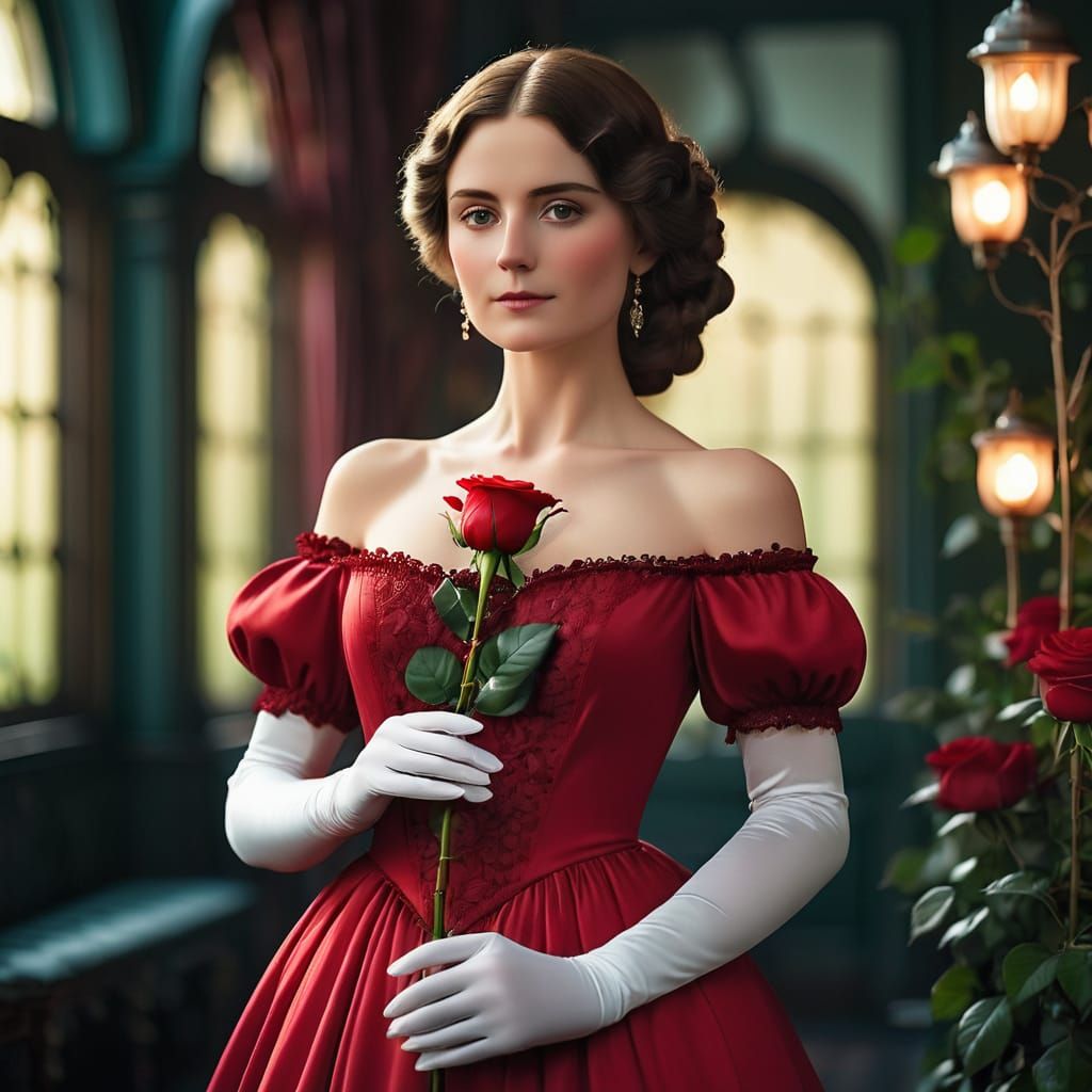 a Victorian era woman wearing a long red dress and holding a...