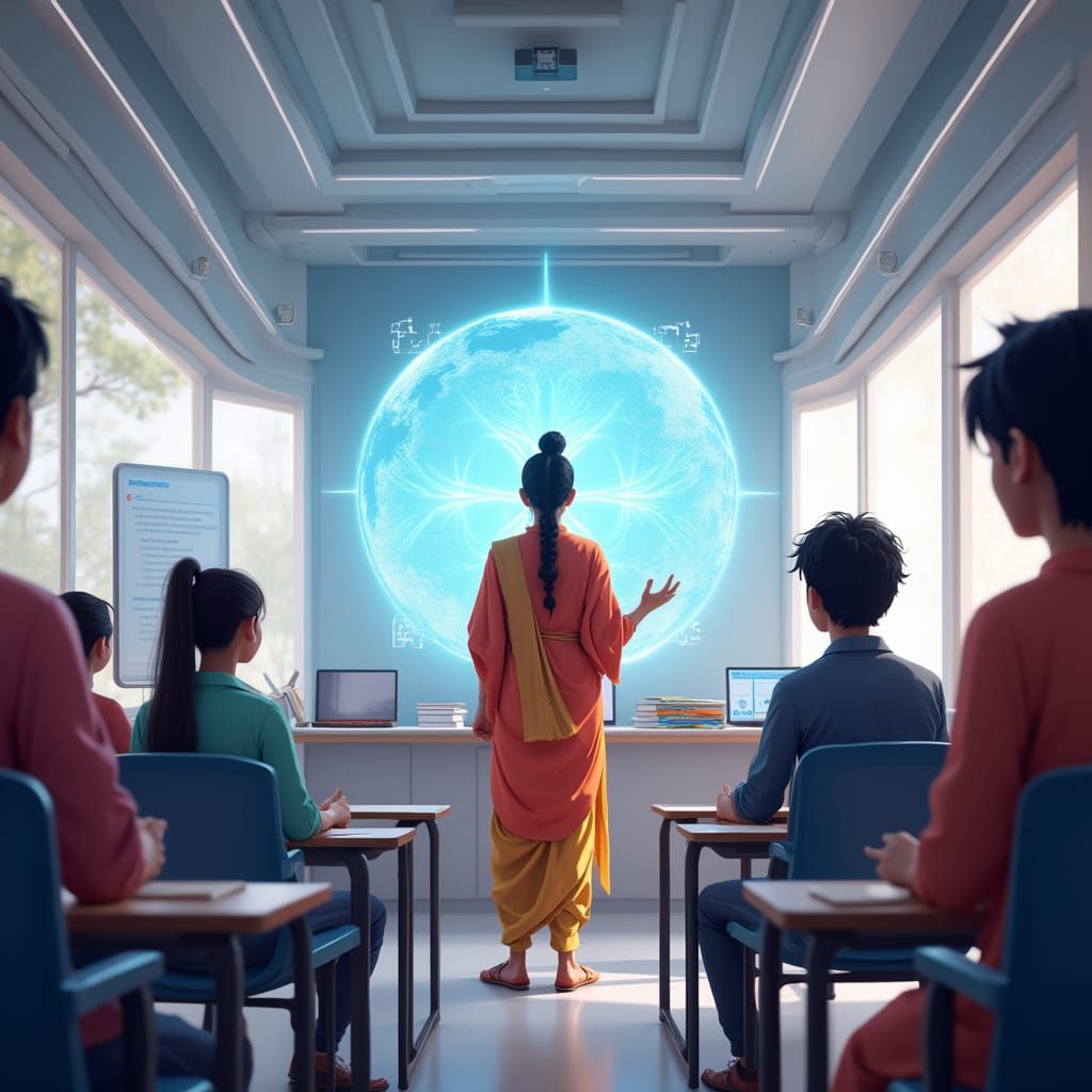 An Indian teacher gives lecture in a most sophisticated and futuristic classroom.