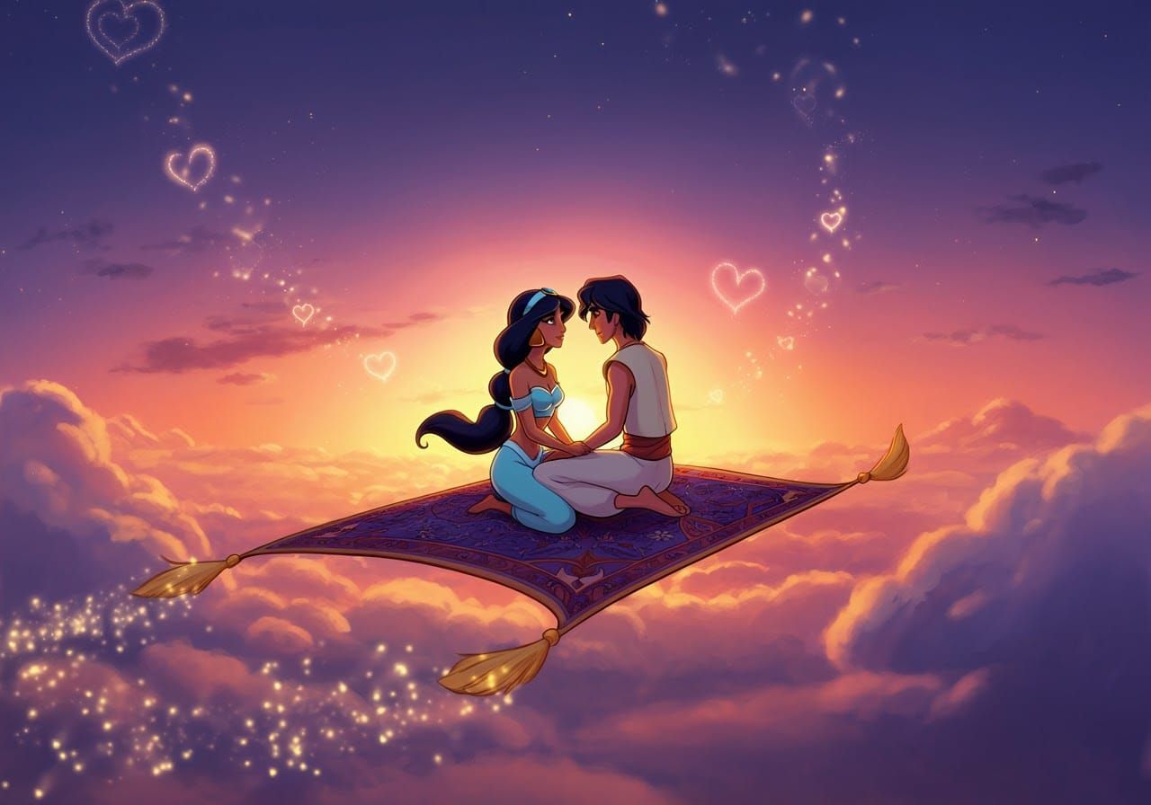 Aladin and Jasmine on the flying carpet, beyond clouds, magical loving moment. Sunset, glowing particles ...  by @Didier B