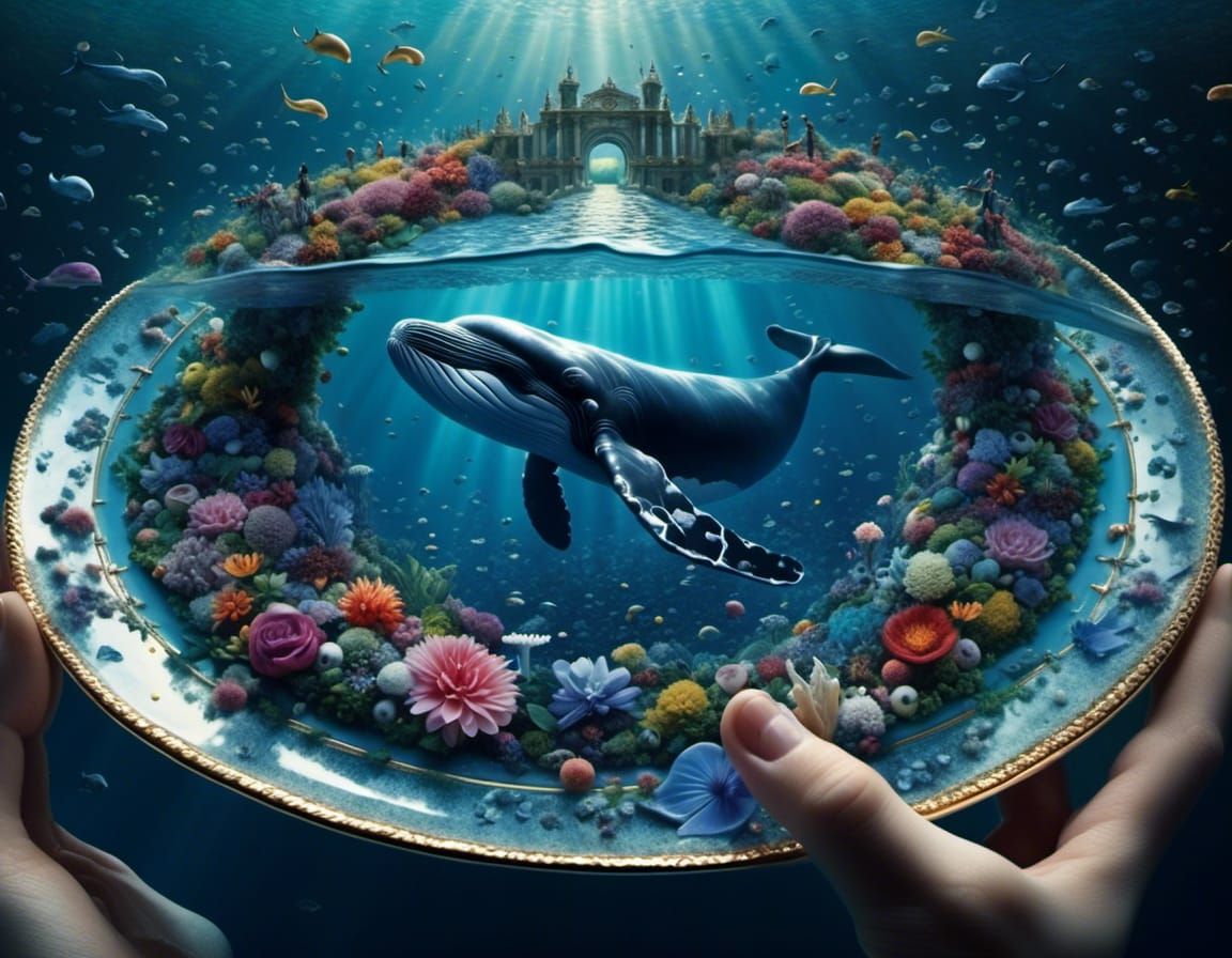 Mini Ocean Plate: Hyperrealistic Whale in Waterfalls