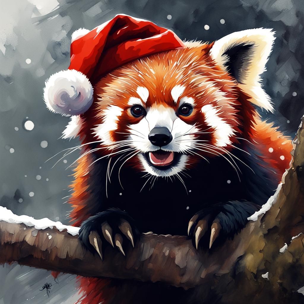 Festive Red Panda in Santa Hat Watercolor Painting