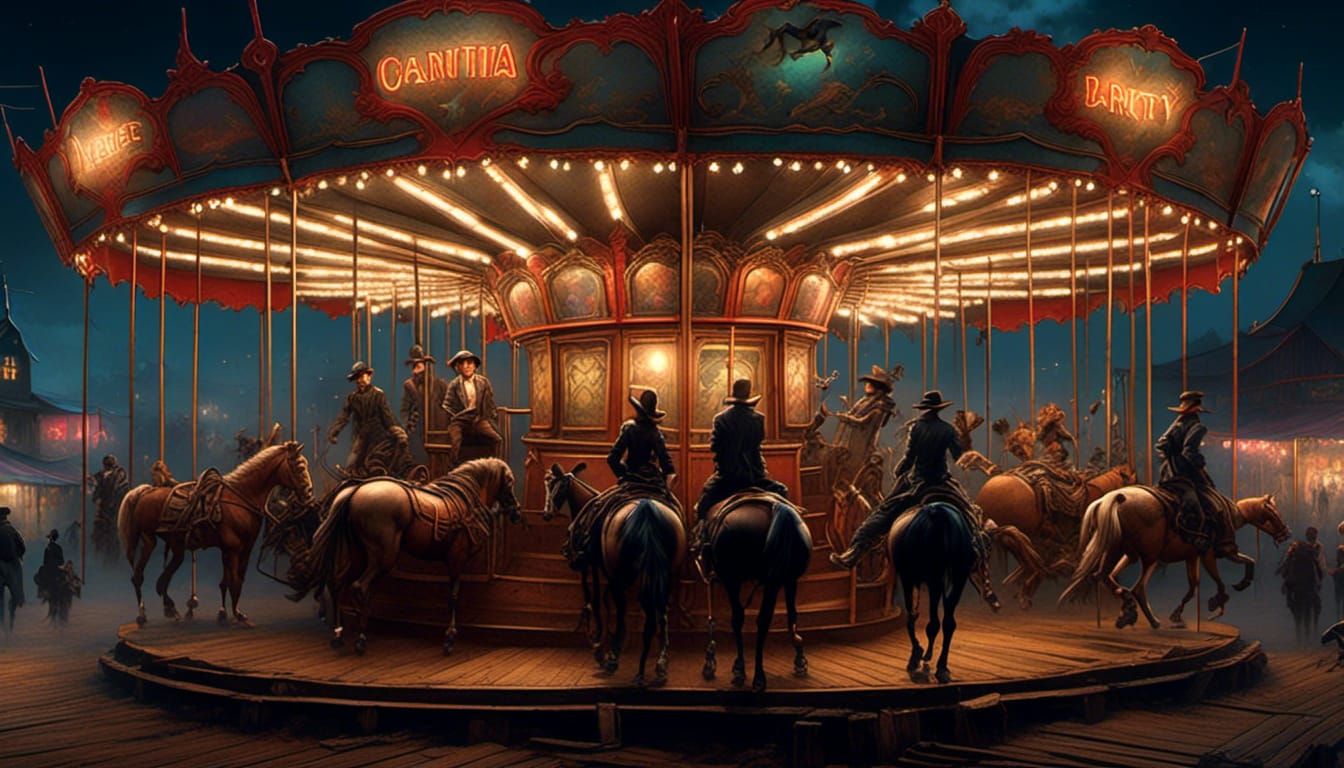 "Merry Go 'Round": 1800's Old West rundown carnival, dusty, cowboys, night by <lora:Pino3:1.0>  artist "anime", Anime Ke...