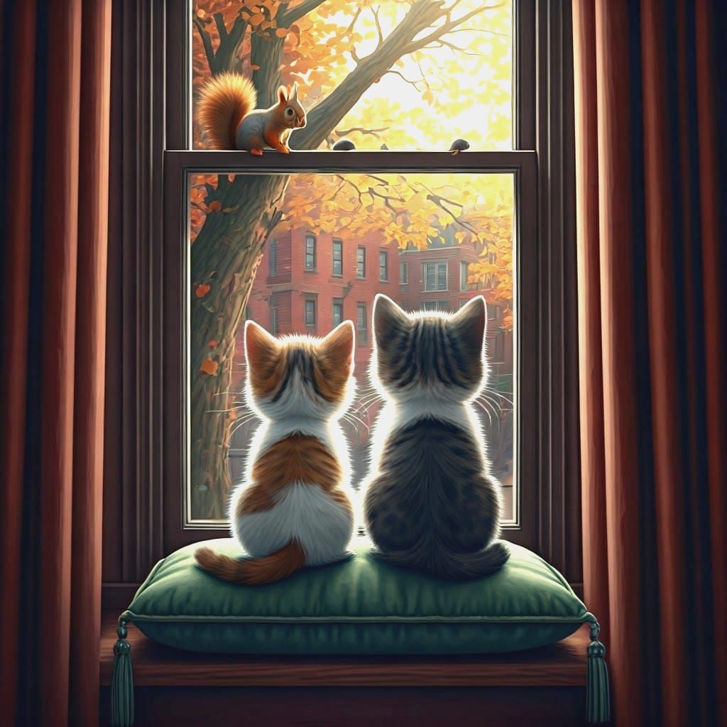Two chibi kittens  on a cushion inside a third story old  Brooklyn brownstone,  window seat. They are ...  by @Jano