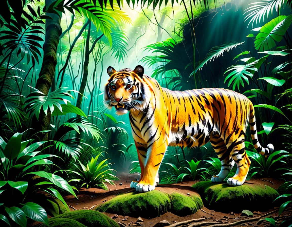 wide  shot of one tiger perfect anatomy in Indian jungle ama...
