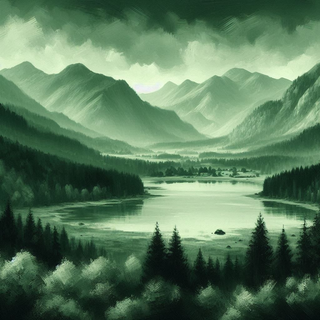 Green monochromatic mountainscape