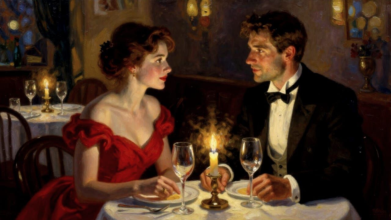 Romantic Candlelit Dinner Portrait in Impasto Style