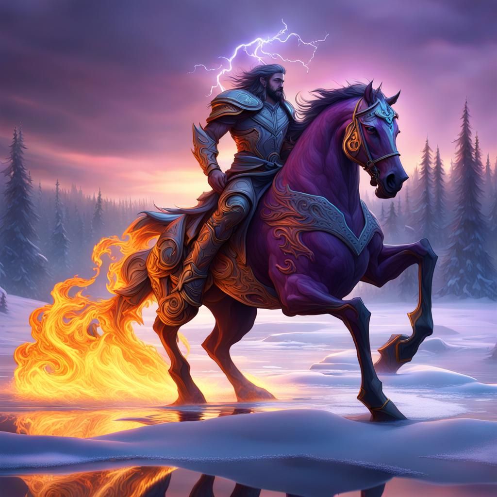 Lightning God riding a Horse made of flames on a frozen lake