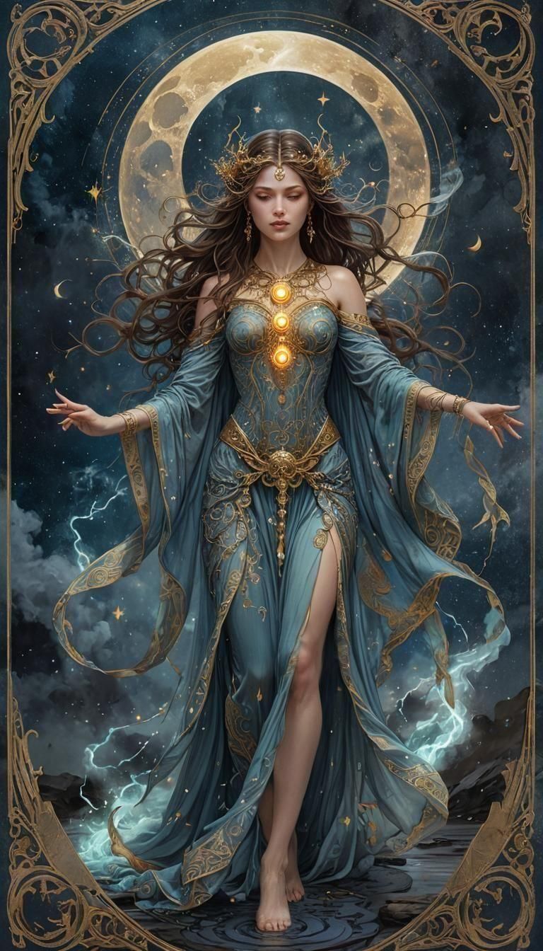 Moon Goddess Tarot Card in Art Nouveau Style