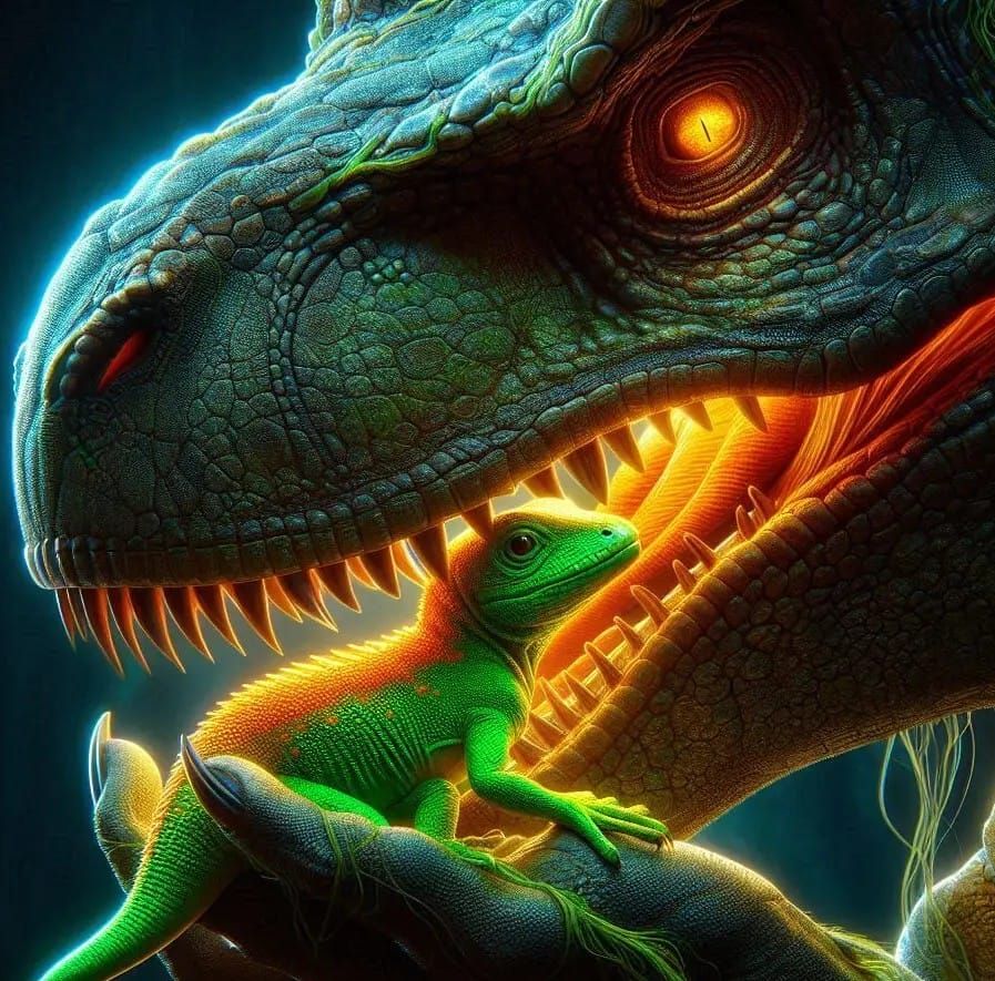 T-Rex dinosaur holding gecko