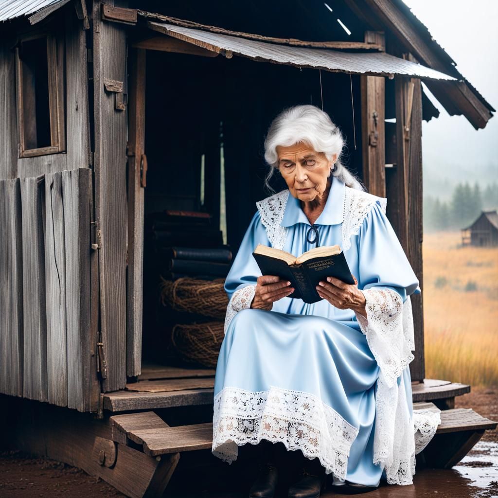 An Old Woman With Gray Hair And Blue Eyes Wearing A White La...