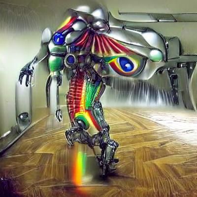 Surreal Biomechanical Robot walking on a rainbow