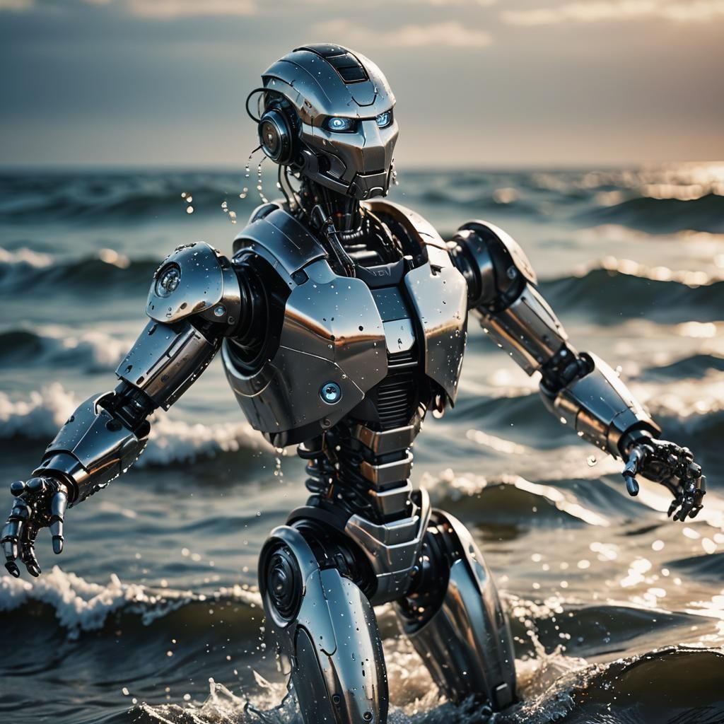 Futuristic Robot Dances on Ocean Shore