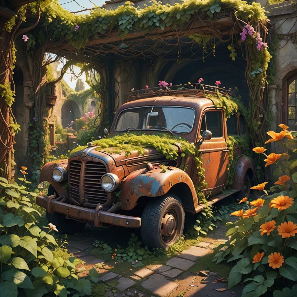 Enchanted Realism: Vines Overtake Vehicle in Garden
