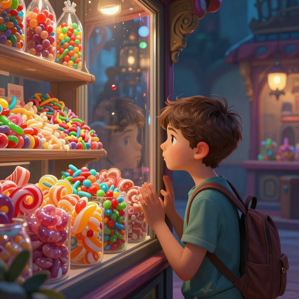 Boy Gazes Longingly at Candy Store Display Window