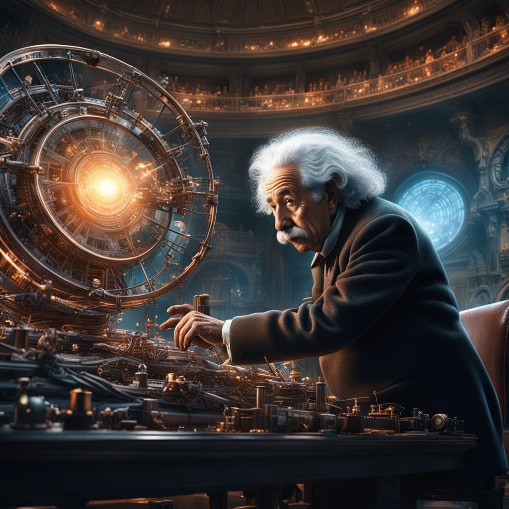 Hyperdetailed Albert Einstein creating a timemachine science project Epic cinematic brilliant stunning ...  by @PeteArtwork