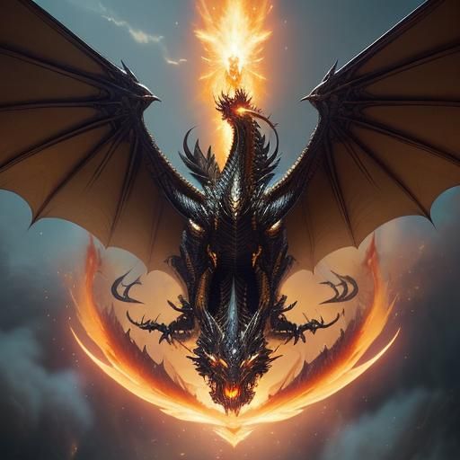 Enormous gold Dragon, flying, breathing fire, in tight flying formation