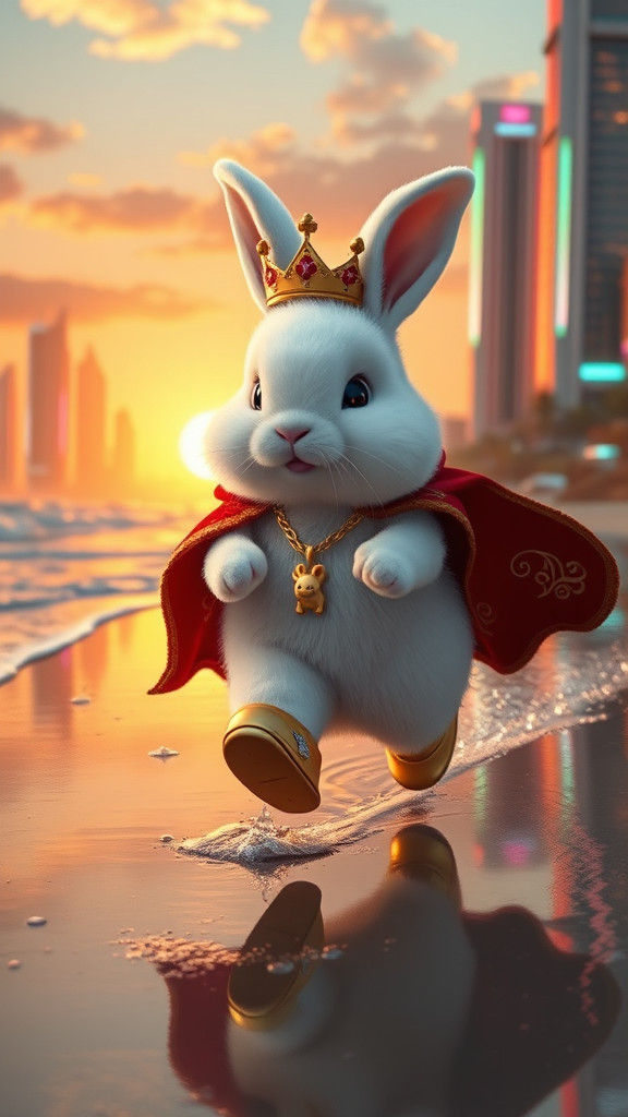 "A fluffy white bunny wearing a royal gold crown and a red v...
