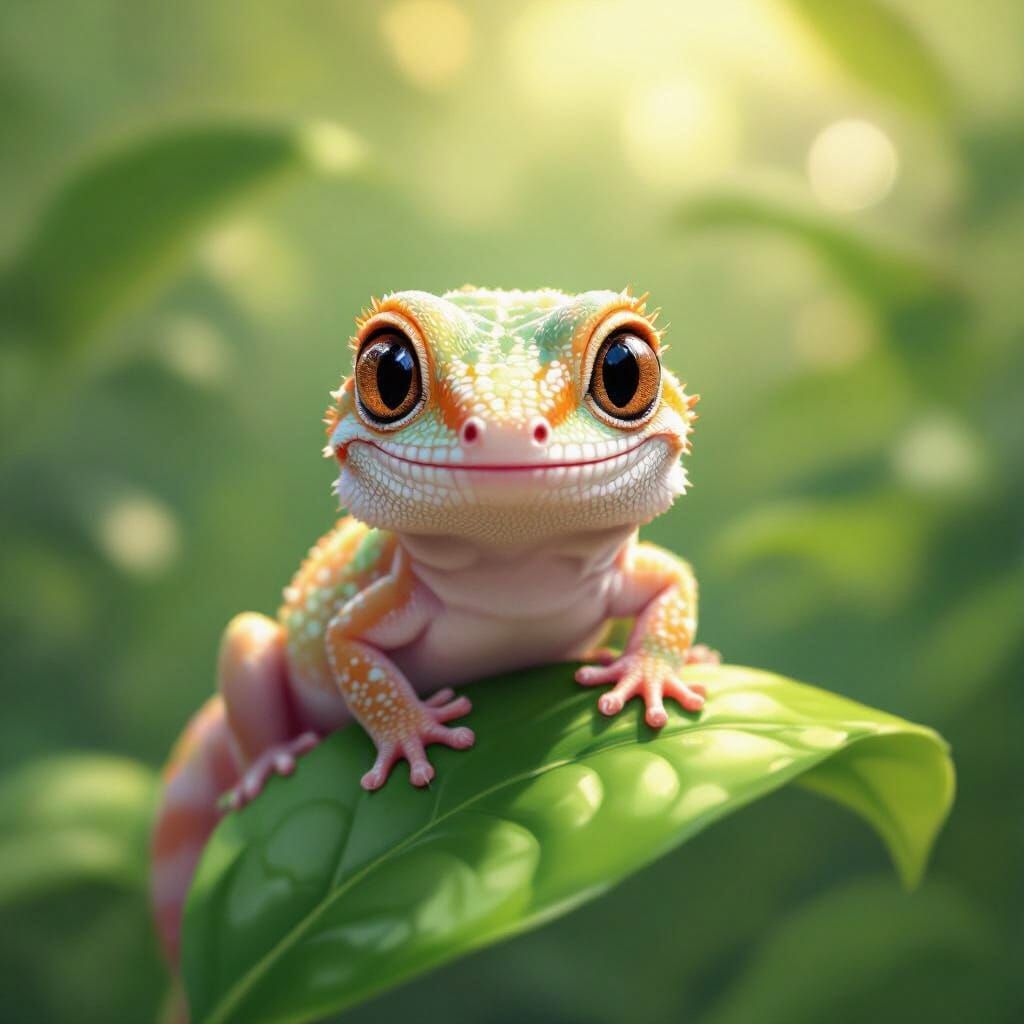 Cute Gecko on Leaf in Dappled Sunlight