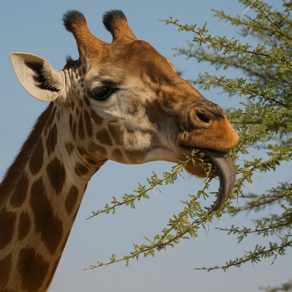 The giraffe's black tongue is 18-20 inches long and is used ...