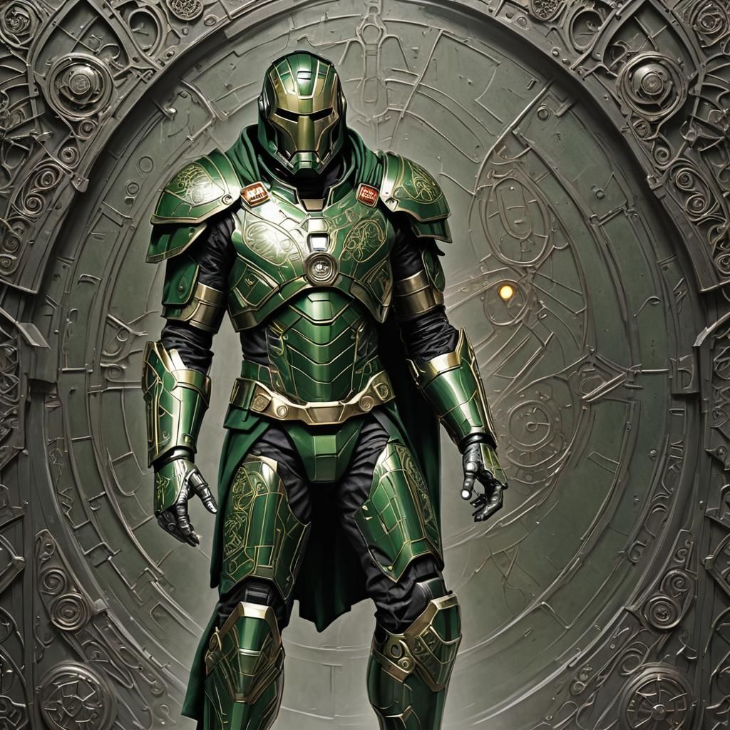 "Create an image of Robert Downey Jr. as Doctor Doom with in...