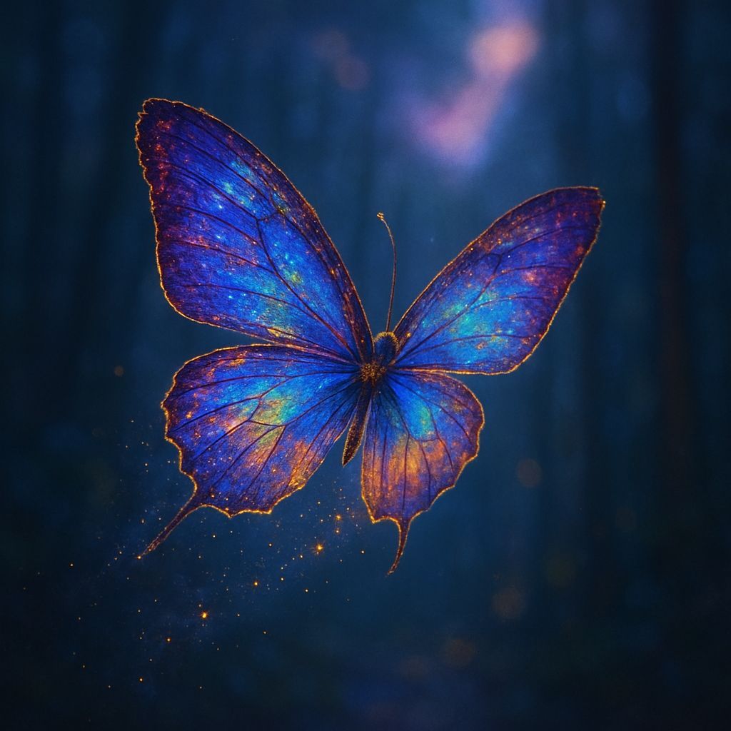 Iridescent Butterfly Drifting Through Twilight Forest