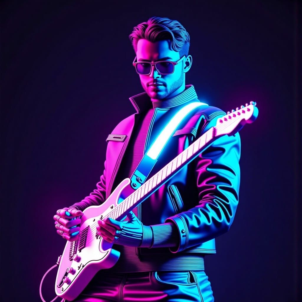 <lora:SynthwaveFluxV1:1.0> Marty McFly wearing a glowing leather jacket, fingerless gloves, and LED sneakers, strumming a holographic guitar...