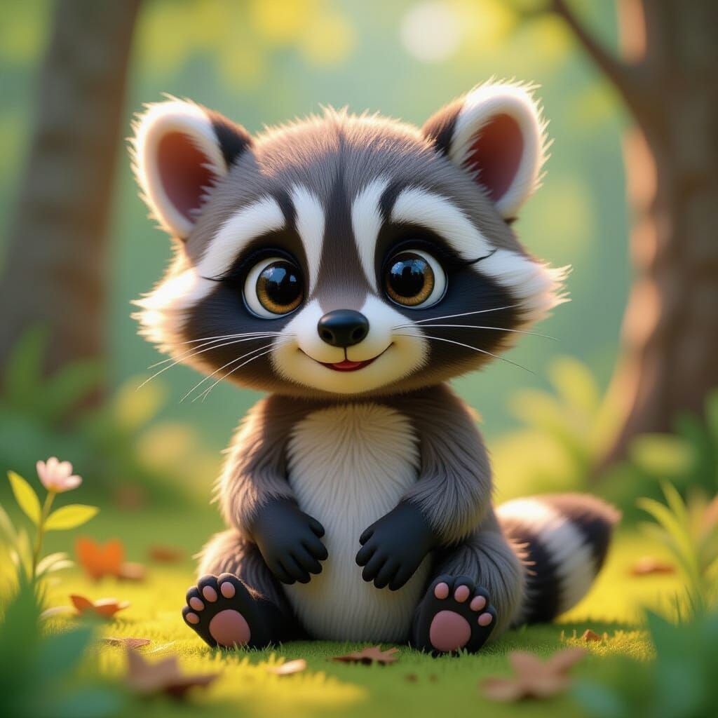 Cute Raccoon with Sparkling Eyes in 3D Comic Style