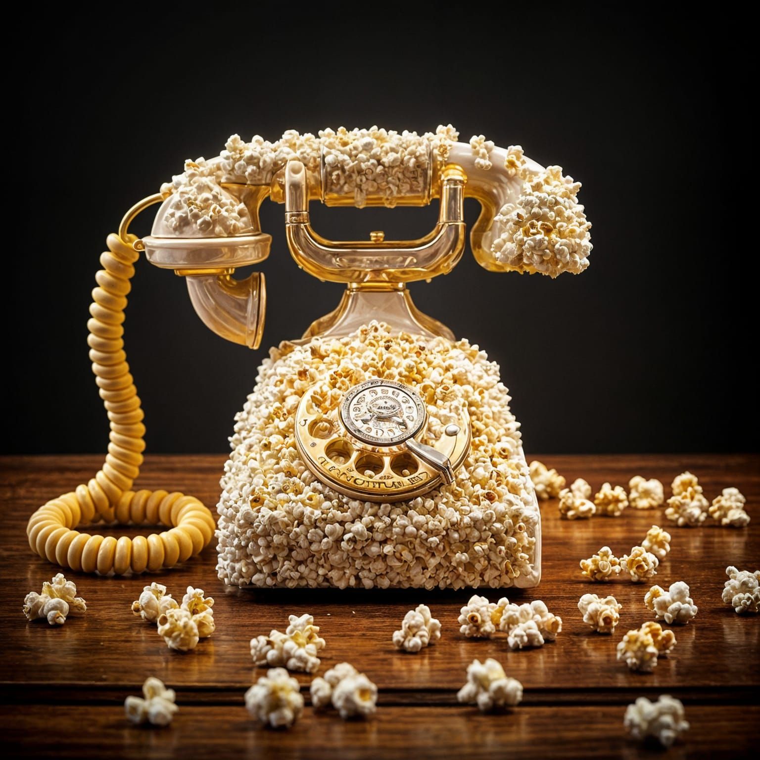 Vintage rotary telephone made entirely out of fluffy popcorn.  by @Pawelandbajer