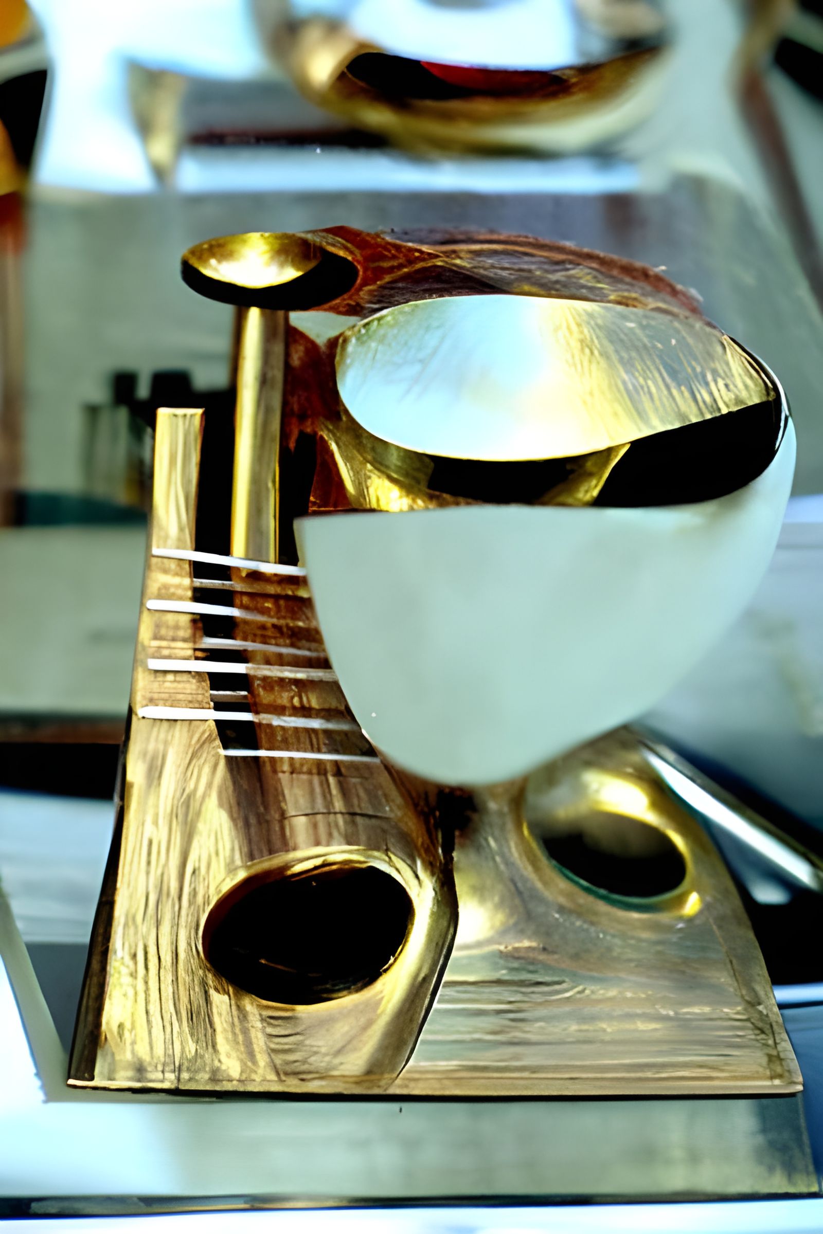 A musician stares at an instrument that plays by itself. Wood and shiny