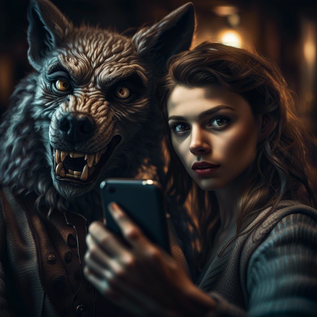 Woman and werewolf taking a selfie  by @Lattimoor