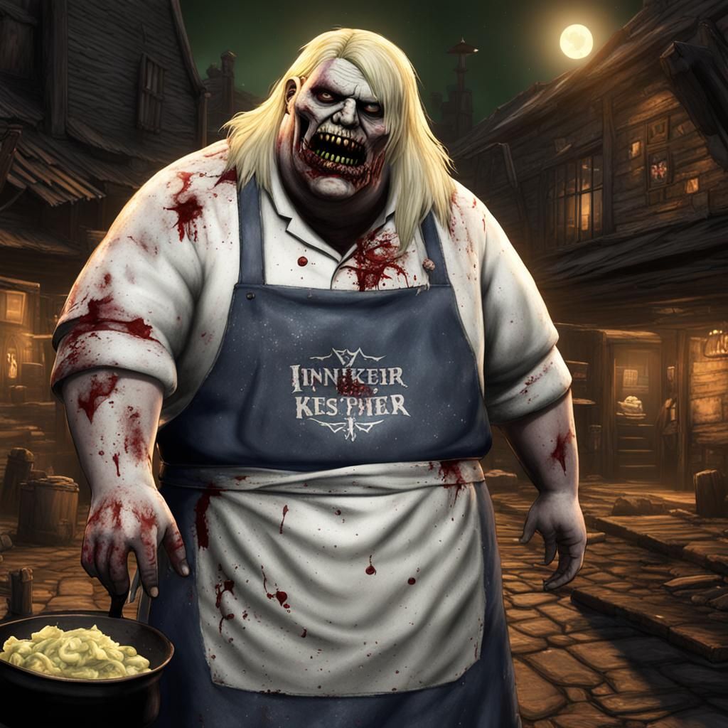 obese fatty zombie, wearing innkeeper white apron, urban nighttime, skyrim theme, jack nicholsen, blonde ...  by @Macwho