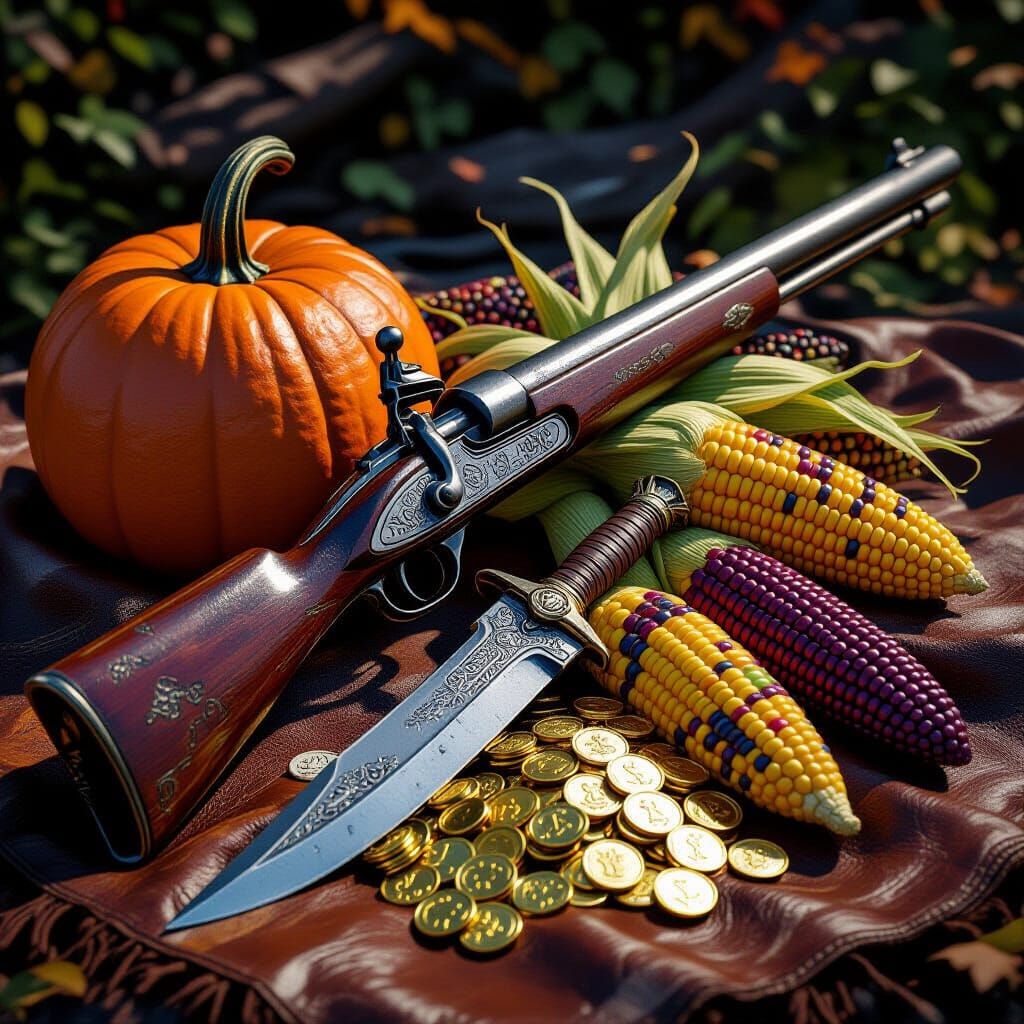 A pilgrims blunderbuss gun, a pumpkin, multi-colored corn, a large primitive dagger and small pile of gold coins laying upon a leather blank...