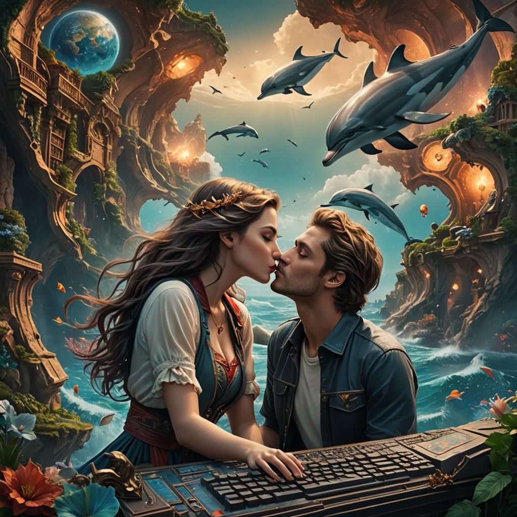 Man And woman kissing with keyboard and maps dolphins in background