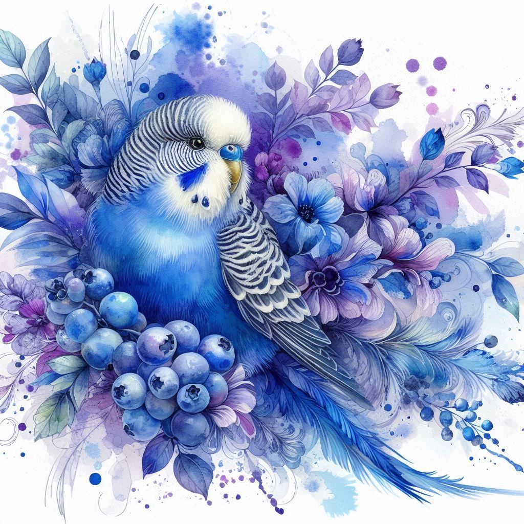 Watercolor Blue budgerigar and blueberry bush