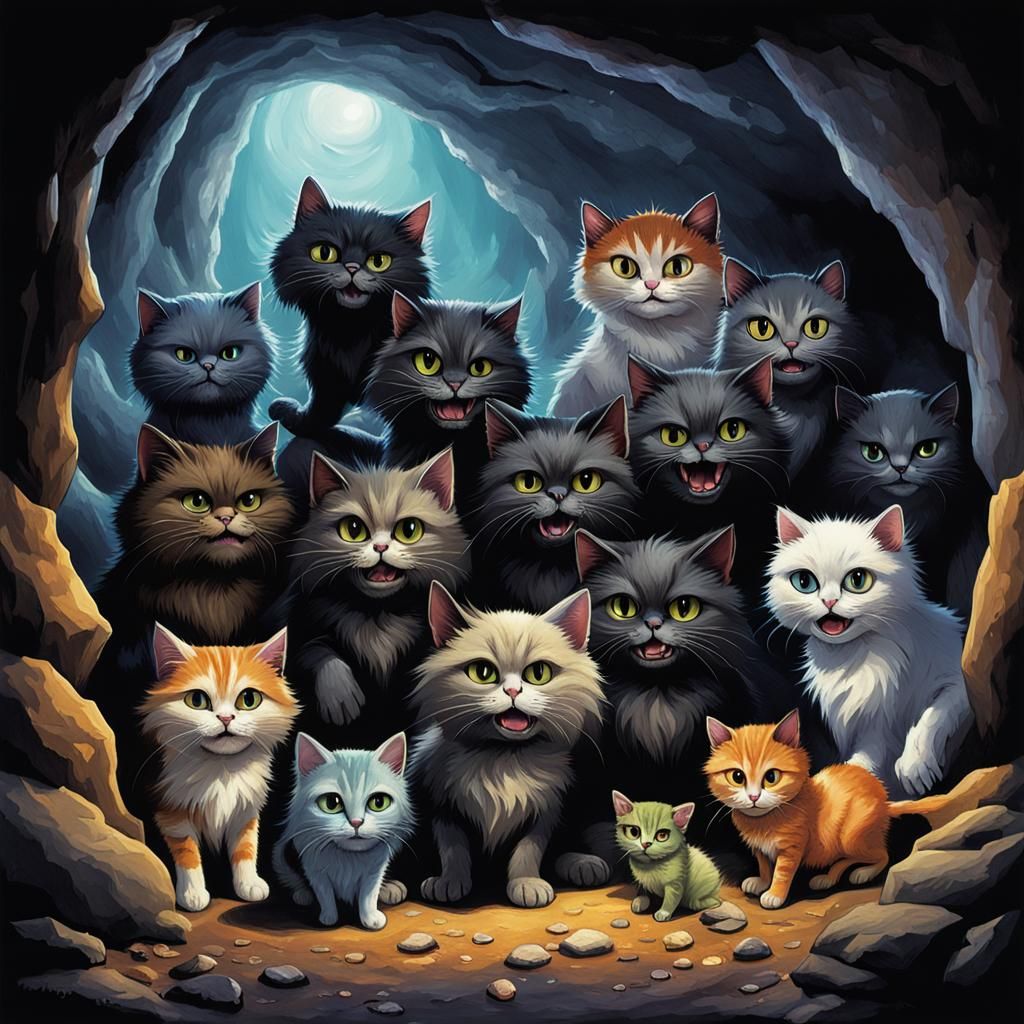 Several Species Of Small Furry Cats Gathered Together In A Cave And 