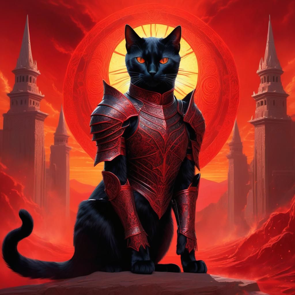 a sleek black cat wearing intricate red armor