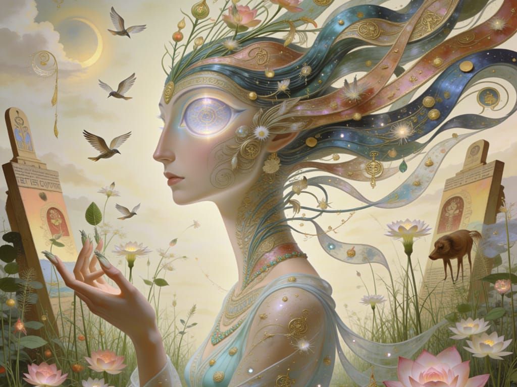 <lora:Ancient Nouveau:1.0> In the Weirdly Nouveau style, a fantastical side profile of a woman with softly warped proportions and ethereal g...