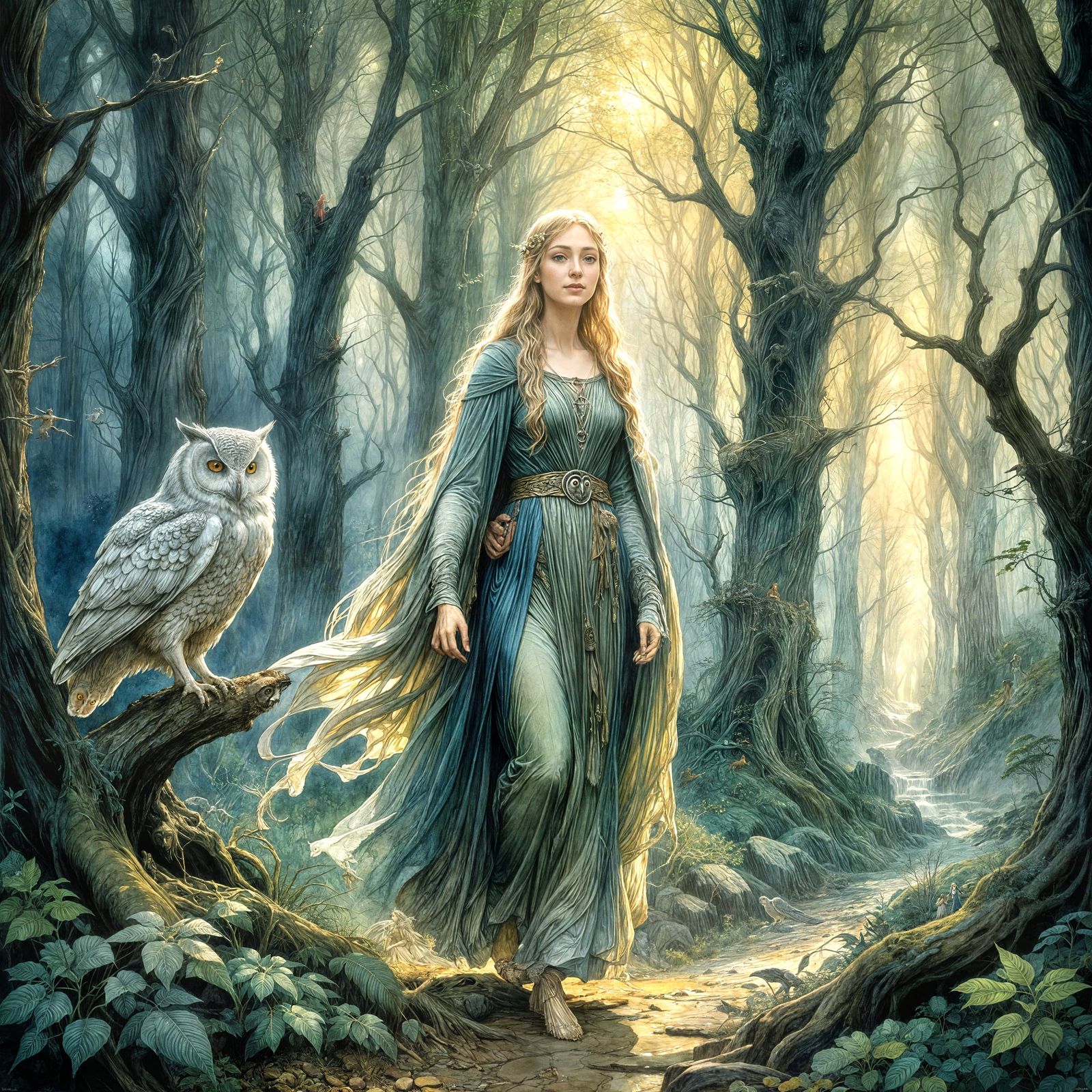 Galadriel walking through Rivendell with an owl AI Generated Artwork