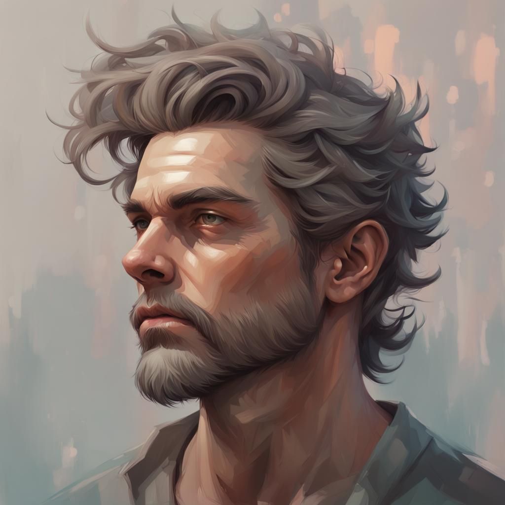 simple man with beautiful, expressive hair, character concep...