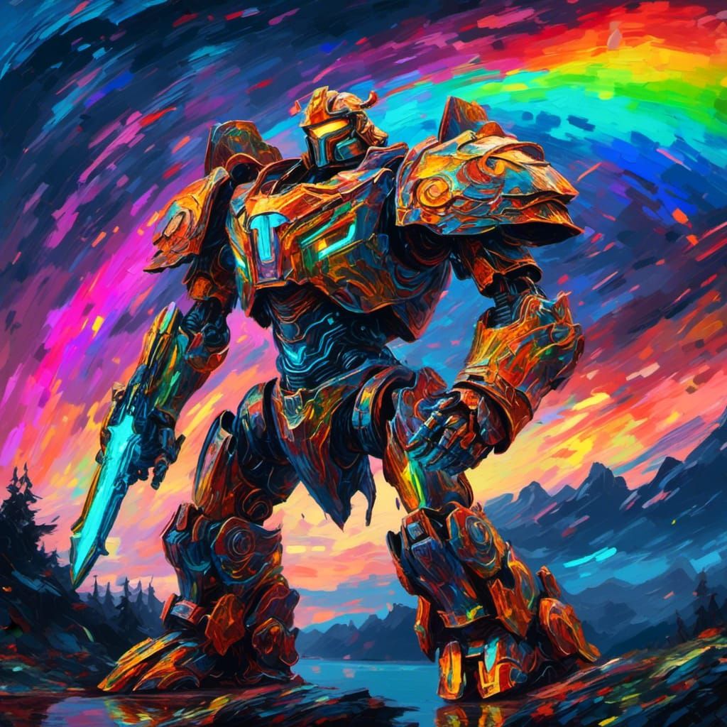 <lora:Van-Mo:1.0> An epic Paladin in rainbow mech armor, deviantart, glowing neon, psychedelic