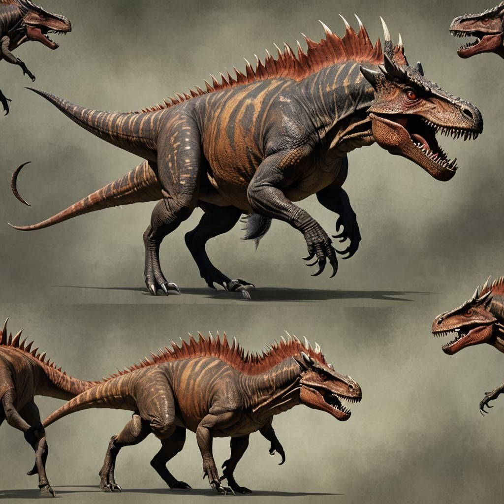 Carnospindra features the bull-like head of a Carnotaurus, complete with short horns and a powerful jaw built for crushing prey. Its muscula...