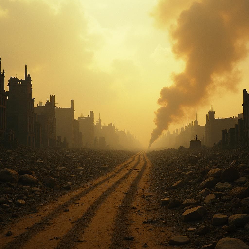 The earth has been left in ruin due to climate change, war, and depletion of natural resources. In the distance are space ships leaving earth.