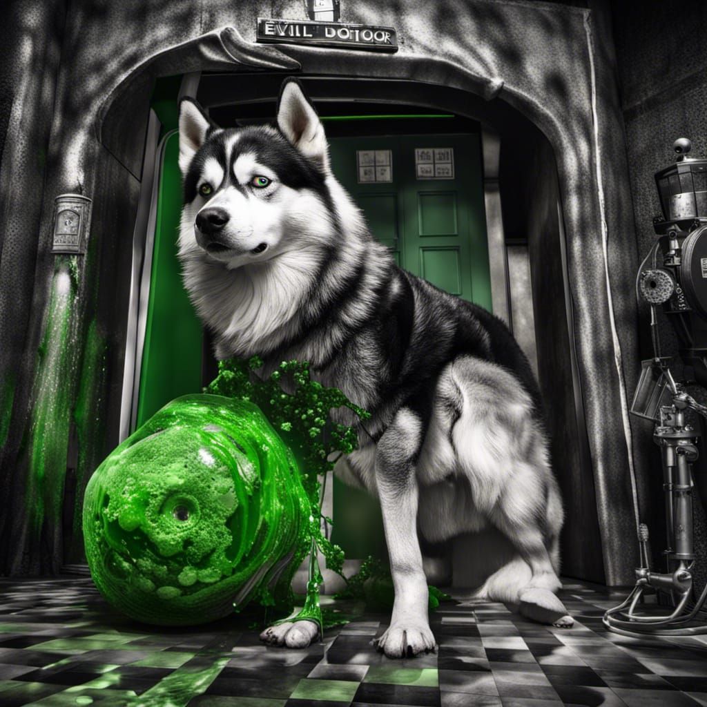 black and white husky with green slime on him next to evil d...