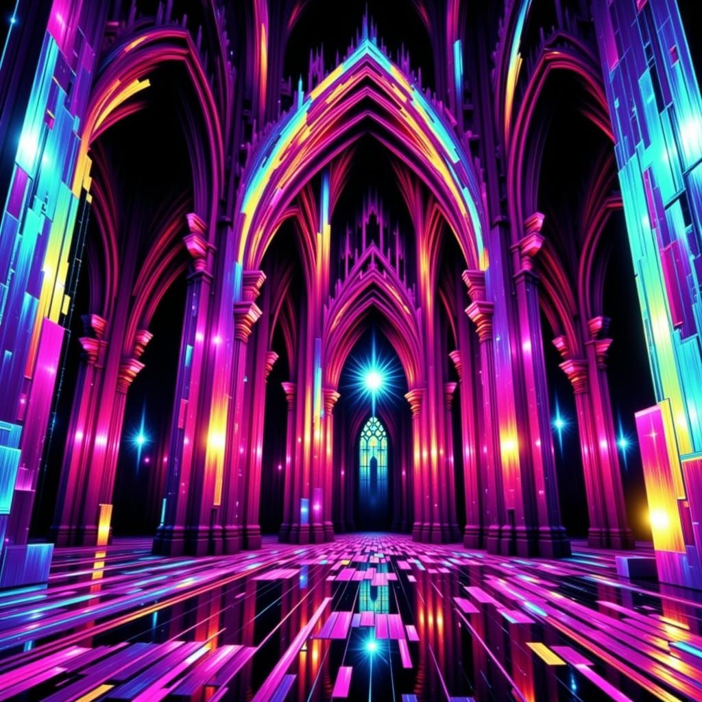 <lora:COSMIC FLUX:1.0> <lora:UPSCALED FLUX:1.0> <lora:MOON FLUX:1.0> <lora:GLITCH LORA:1.0> "Gothic cathedral collapsing into digital fragme...